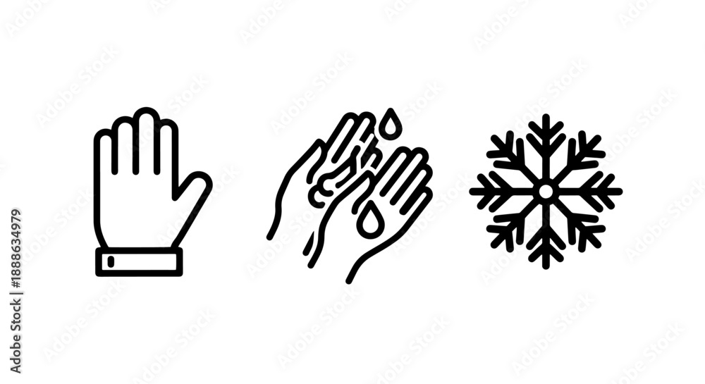 Fototapeta premium Hand Hygiene and Winter Cold Protection Line Art Icons Set: Clean Hands and Snowflake Symbol