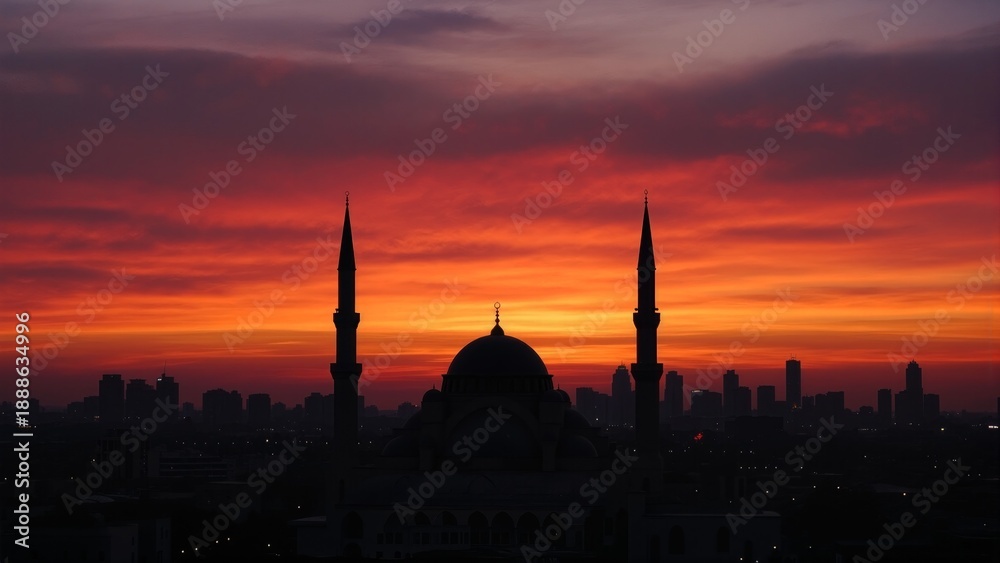 Obraz premium Silhouetted mosque at sunset with vibrant skies and city skyline in the background