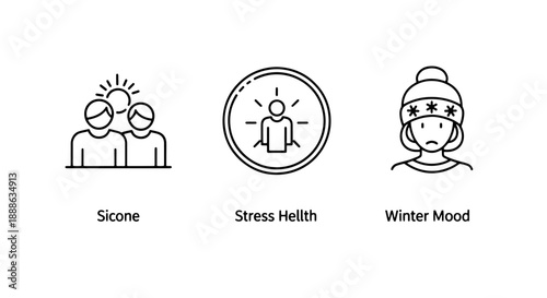 Set of diverse line icons representing summer connection, stress and mental health, and a person experiencing winter mood or seasonal depression.