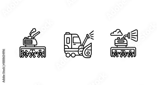 Various line art icons illustrating different types of snow removal equipment, including snow blowers and plows for efficient winter maintenance.