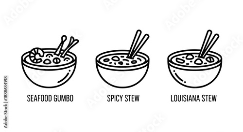 Diverse line icons showcasing various stews including a seafood gumbo, a spicy stew, and a traditional Louisiana cuisine bowl with chopsticks.