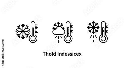 Line art icons representing cold temperatures and winter weather conditions, featuring thermometers with snowflakes and freezing elements.
