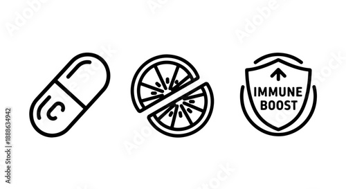 Health and wellness line art icons showing a capsule, citrus slices, and an immune boost shield for vitamins, healthy lifestyle, and disease prevention.