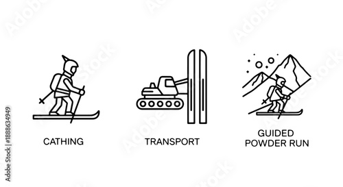 Detailed line art icons illustrating guided powder runs, ski transport, and backcountry skiing adventures with a snowcat and a skier with a backpack.