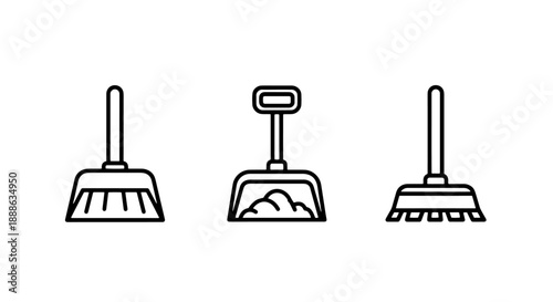 Essential House Cleaning Tools Line Art Icons Set: Broom, Dustpan, and Swept Debris Collection