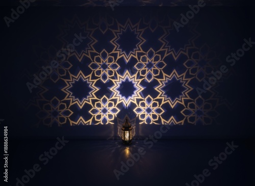 A lantern casts intricate golden and violet star-shaped shadows onto a dark wall in a minimalist room