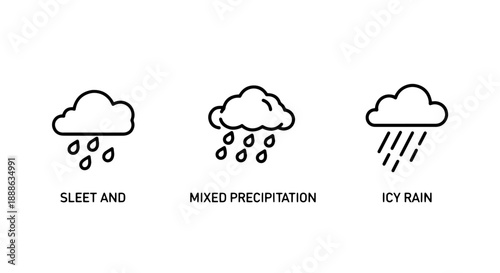 Various Winter Precipitation Weather Line Art Icons: Sleet, Mixed Rainfall, and Icy Conditions