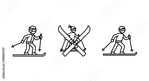 Cross-Country Skiing and Winter Sports, Featuring Minimalist Outline Icons of Individual Skiers in Action and Crossed Skis, Symbolizing the Popular Winter Activity