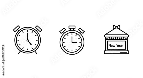 New Year's Eve Countdown and Celebration, Depicted with Minimalist Outline Icons of Alarm Clocks Approaching Midnight and a Festive New Year Banner on a Gift Box