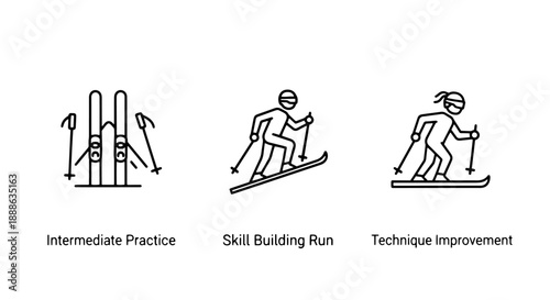 Skiing Activity and Skill Building Line Icons Depicting Ski Equipment and Skiers in Various Poses for Training