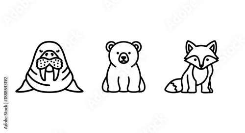 Adorable Arctic Animal Line Icons Featuring a Walrus, Bear Cub, and Fox Representing Polar Wildlife