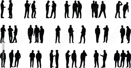 Silhouettes of 25 pairs of people interacting through gestures and posture, ideal for visuals on communication, discussion, and social behavior themes.