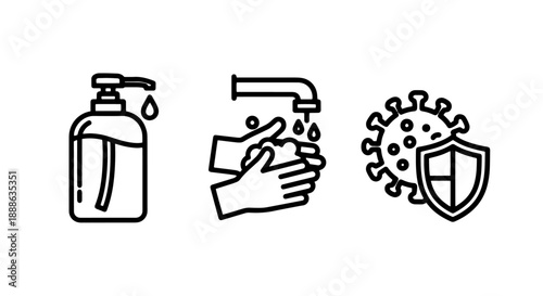 Personal Hygiene and Virus Protection Icon Set with Hand Washing Soap Dispenser and Immune Shield