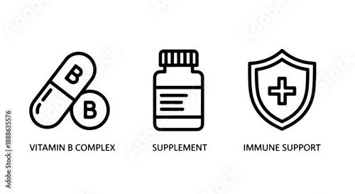 Health Supplement Vitamin B Complex and Immune Support Shield Line Icons