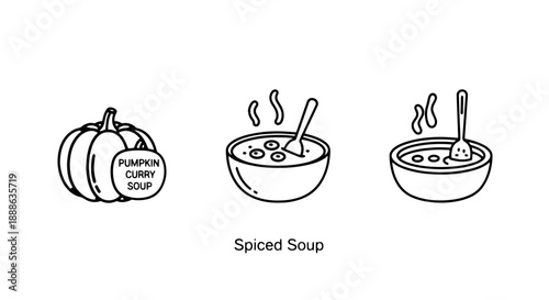 Illustrated pumpkin curry soup icons including a whole pumpkin and steaming bowls for autumn recipes and healthy seasonal cooking blogs.