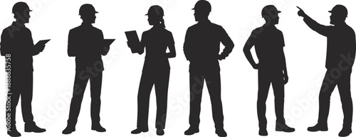 Silhouettes of construction workers in hard hats using tablets and clipboards, ideal for teamwork, planning, engineering, and industrial coordination visuals.