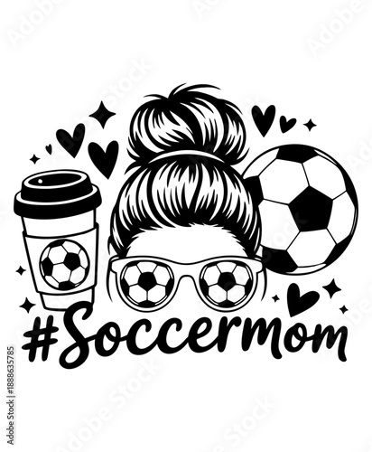 A black and white illustration design featuring a
messy bun hairstyle made up of soccer balls, sunglasses with soccer ball patterns, and a coffee cup with a soccer ball design.