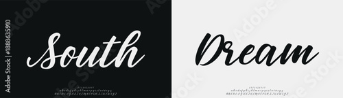 South Dream, Abstract Script Fashion font alphabet. Minimal modern urban fonts for logo, brand etc. Typography typeface uppercase lowercase and number. vector illustration
