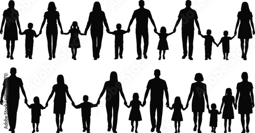 Silhouettes of family groups holding hands in rows, ideal for visuals on unity, connection, parenting, and generational relationships in social themes.