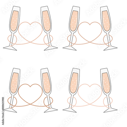Elegant vector set featuring two champagne flutes filled with sparkling rosé, connected by a soft heart‑shaped line. Perfect for wedding invitations, Valentine’s Day cards, and celebration logos.