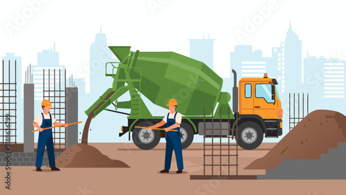 Vector illustration of construction workers operating a cement mixer on a building site