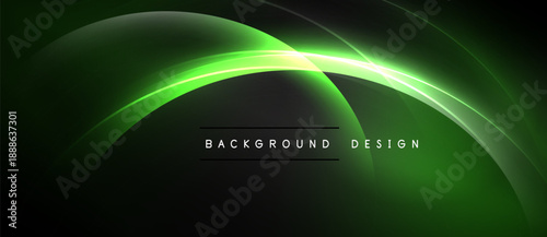 Abstract green lines create flowing curves. Dark background emphasizes bright neon glow, modern design element.