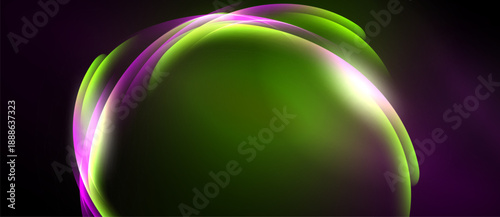 Abstract vibrant swirls, green center, purple background. Light glows, smooth gradients create dynamic visual effect.