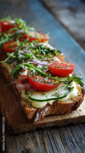 Delicious open faced sandwiches are arranged in a row on a rustic wooden surface.