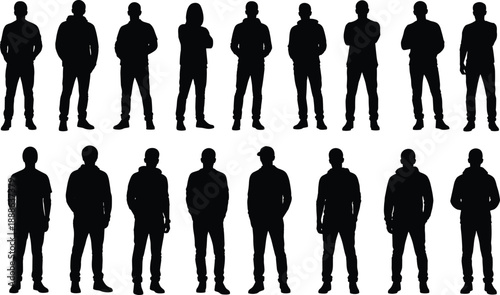 Collection of male silhouettes standing in casual poses and various front view positions wearing hoodies and t-shirts on a white background