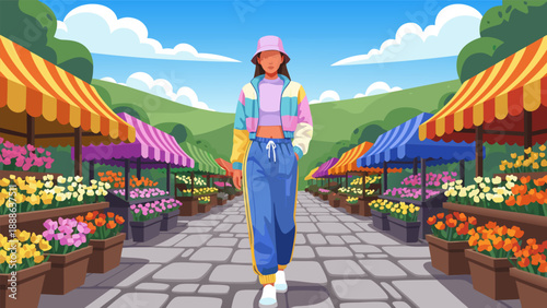 Vector illustration of a woman walking through a vibrant market scene with flowers and stalls