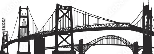 Bridge silhouettes, suspension bridge, cable‑stayed bridge, arch bridge, truss bridge, engineering design, iconic bridges illustration