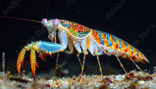 Vibrant Harlequin Mantis Shrimp Displaying Intricate Patterns of Orange Blue and White on Dark Background