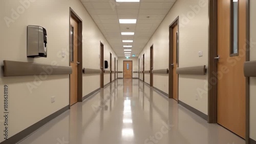 Long, empty hospital corridor with wooden doors and beige walls, featuring a shiny floor and handrails, stretching into the distance.