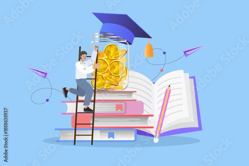 Education for financial stability and future career growth concept. Student climbing ladder to success for graduation and wealth investment, representing knowledge as a key to prosperity.