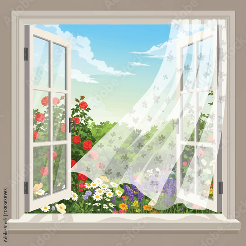Open Window with Flowers Outside View.