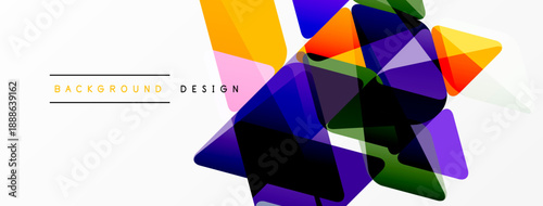 Abstract colorful polygons overlap, creating dynamic visual effect. White background features text background design. Modern graphic element.