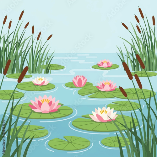 Pink lotus flowers on green lily pads.