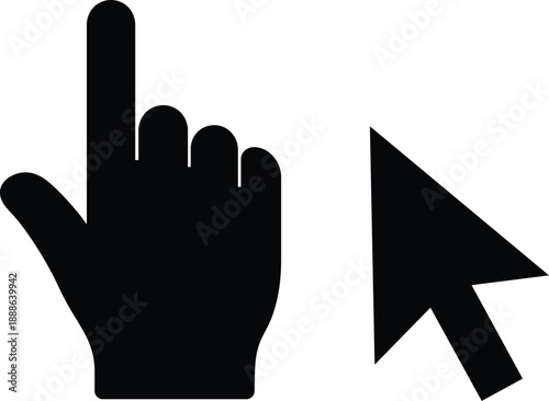 Black hand cursor pointing up next to black mouse pointer arrow click