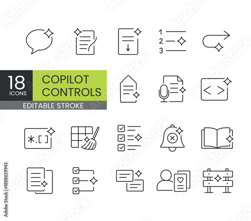 A set of 18 vector icons representing AI copilot features and productivity tools, created in line style with editable stroke.