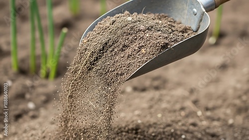 Fresh soil falling from a shovel in garden preparation for planting