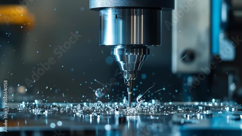 Precision CNC machining process with coolant spray and metal shavings in motion