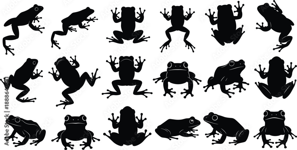 Fototapeta premium Large set of frog silhouettes and toad icons in various poses including jumping, sitting, and swimming for nature and wildlife designs.