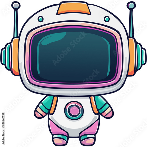 Cute cartoon astronaut robot with retro style, digital illustration of a friendly robot character for children and space exploration themes