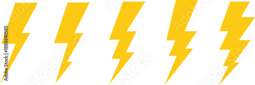 Five bright yellow lightning bolt symbols on a clean white background energy power