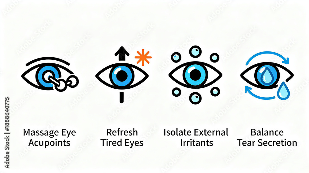 Obraz premium The combination of acupoints and tear icons can massage acupoints around the eyes, activate tired eyes, isolate external stimuli, and balance tear secretion, suitable for eye care scenarios. 