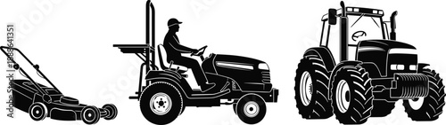 Agricultural machinery silhouettes set, farmer driving tractor and lawn mower, farming equipment concept, rural agriculture work, black white illustration