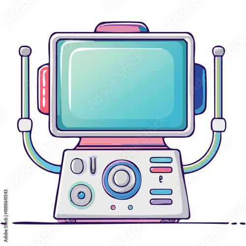 Retro futuristic robotic television with antenna and glowing screen, cartoon style illustration