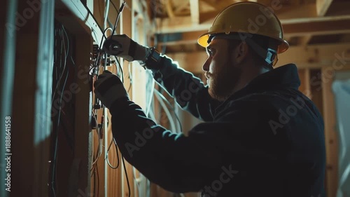 Electrician wearing hard hat and gloves works on wiring in a building under construction