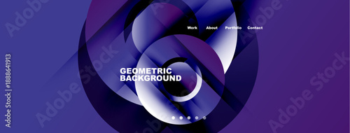 Abstract geometric design. Purple hues dominate, creating dynamic visual impact. Website navigation visible at top. Modern aesthetic.