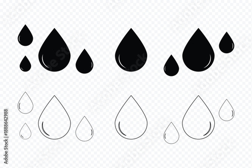 Water drop icon vector, solid illustration, pictogram isolated color editable. Eight black teardrop shapes with shiny highlights. Tear drop icon outline vector sign, linear style pictogram.